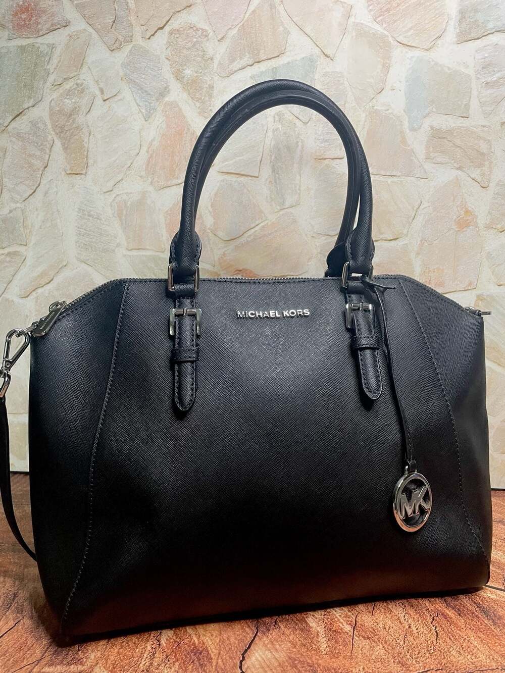 Michael Kors Charlotte Large Saffiano Leather Satchel Crossbody Bag Black